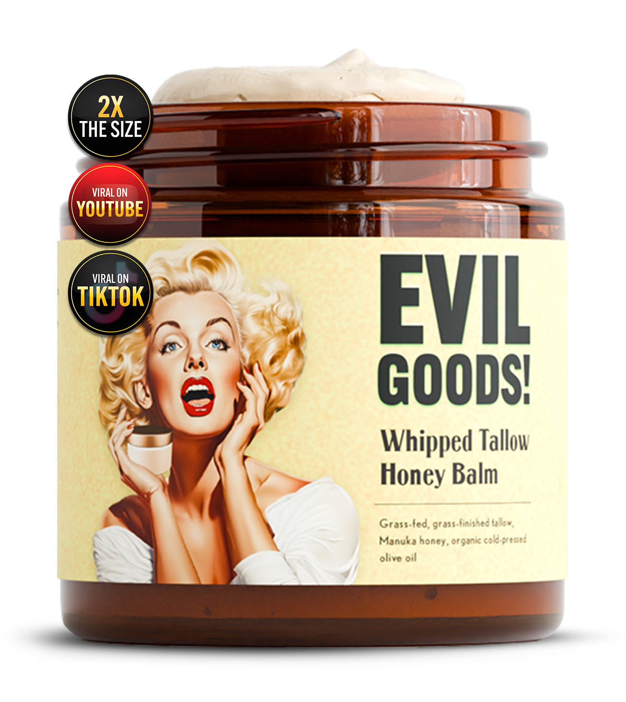 EVIL GOODS! Whipped Beef Tallow and Manuka Honey Balm, 4oz, Organic Face Cream, Moisturizer, Body Lotion, Skin Care and Lip Balm