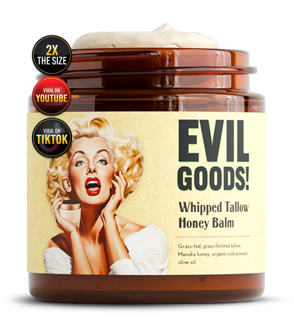 EVIL GOODS! Whipped Beef Tallow and Manuka Honey Balm, 4oz, Organic Face Cream, Moisturizer, Body Lotion, Skin Care and Lip Balm